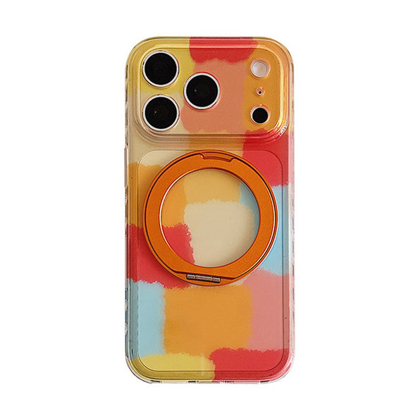 オレンジチェック 水彩チェック柄 回転スタンド iPhoneケース