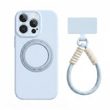ライトブルーの回転リングスタンド付きiPhoneケースとリストストラップ