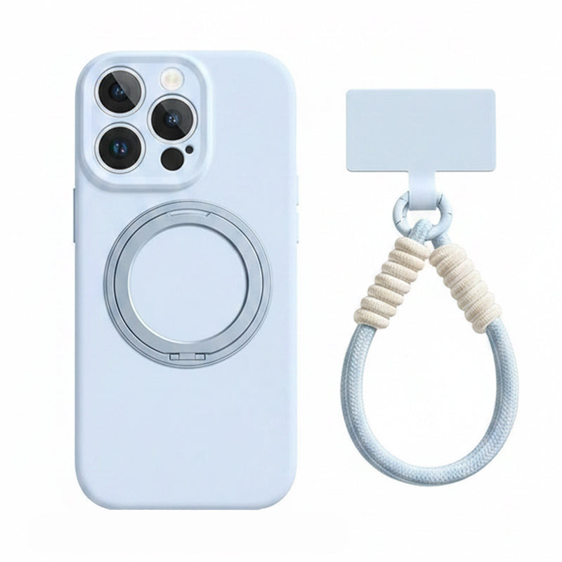 ライトブルーの回転リングスタンド付きiPhoneケースとリストストラップ