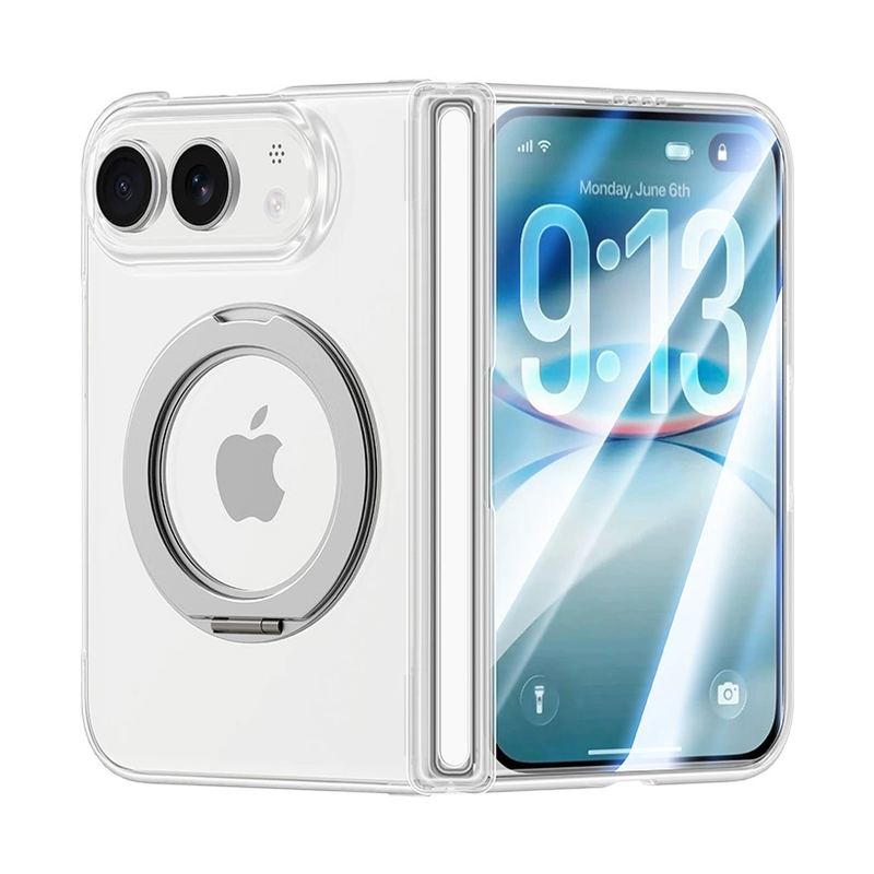 クリア×シルバーの一体型リングスタンド クリア iPhoneケース、実物の柄と付属品の参考画像