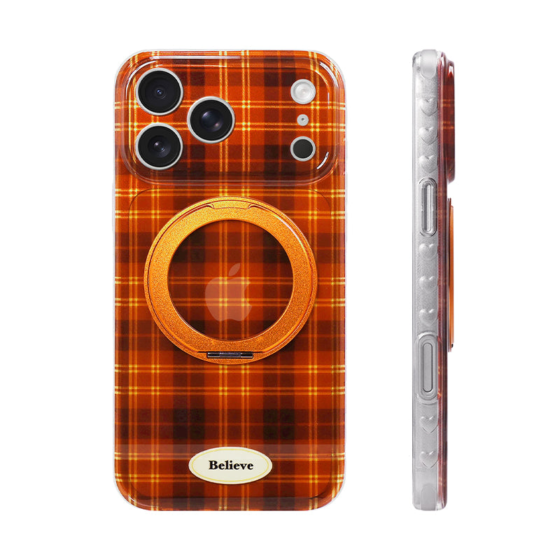 レッド×オレンジチェックの360度回転スタンド付きiPhoneケース 正面と側面