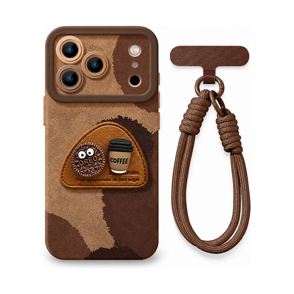 コーヒーブラウン(ショートストラップ付き)のiPhoneケース装着イメージ