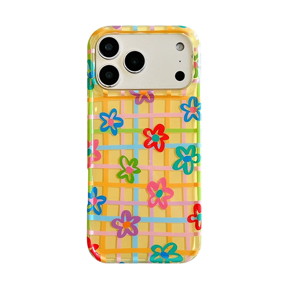 カラフルチェック(ケース単品)のカラフルチェックとフラワー柄iPhoneケース、実物の柄と付属品の参考画像