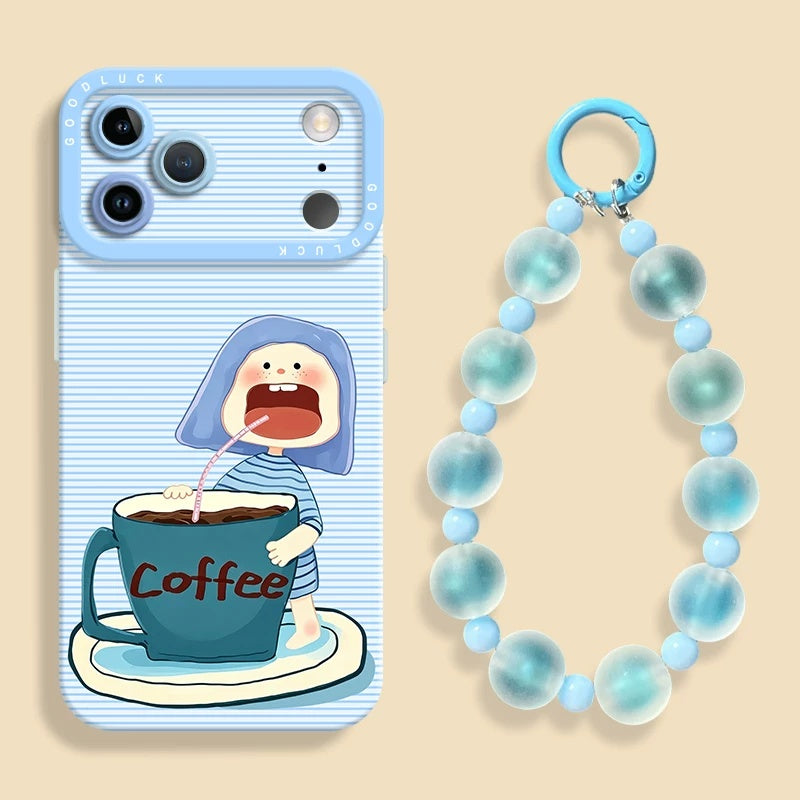 コーヒーガール柄 シリコンスマホケース。スカイブルー+ビーズストラップ(2点セット)の構成が見える背面の商品画像。ケースの色、カメラ周辺の形、付属品の有無を確認できる配置。