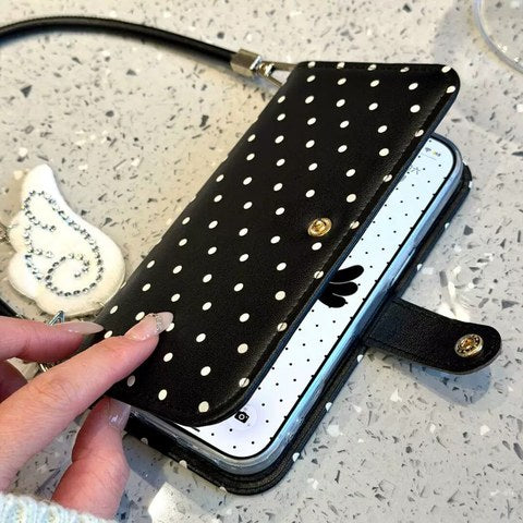 ブラックの 手帳型 ドット柄 ミニバッグ iPhoneケース 天使の羽根 ストラップ付 PUレザー かわいい