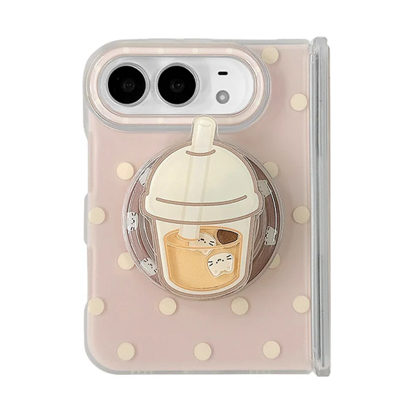 ピンク×イエロードット(キャットスタンド付き)のiPhone Duoケース装着イメージ