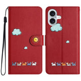 iPhone 手帳型ケース ワインレッド - かわいい猫 + 雲 + 太陽イラスト、カードスロット + スタンド機能