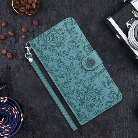 ピーコックブルーの手帳型 花柄 iPhoneケース PUレザー エンボス加工 韓国風 かわいい