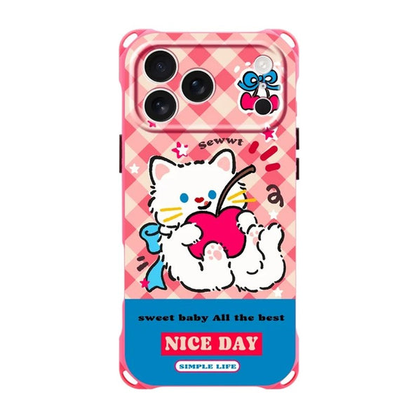 iPhone ケース チェリーキャット ピンク ギンガム 猫 ストラップ ins 風