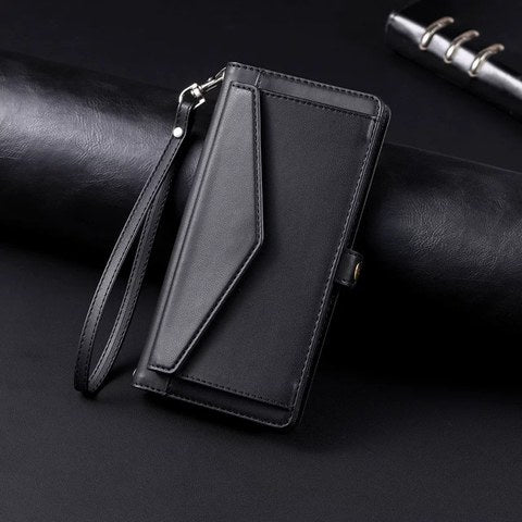 ブラックの 手帳型 iPhoneケース PUレザー ハンドストラップ付 フルカバー 耐衝撃 シンプル