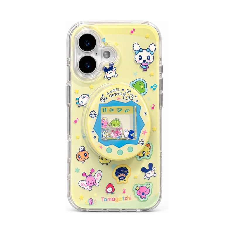 クリア イエローペット柄+シェイカーグリップのレトロペット柄 シェイカーグリップ iPhoneケース 白背景商品画像