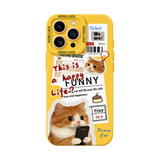 イエロー キャットAのニュースペーパーキャット柄 iPhoneケース、実物の柄と付属品の参考画像