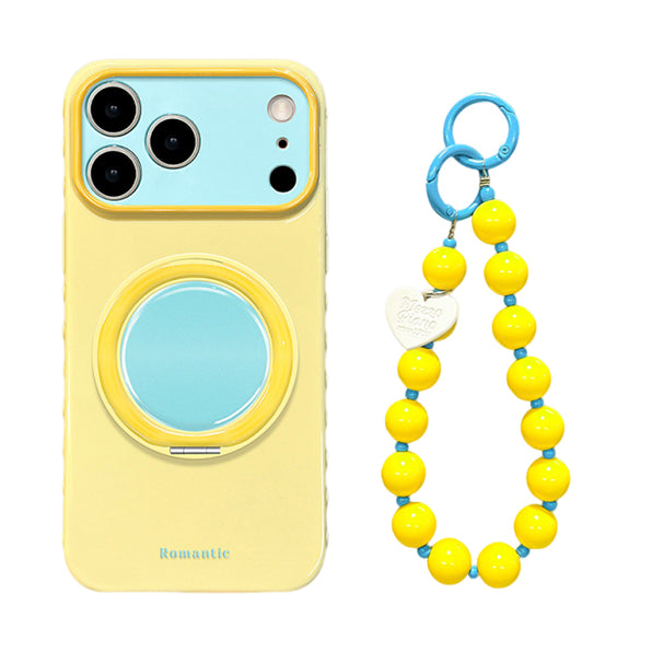 イエロー×ブルー ハート回転スタンド ストラップ付きiPhoneケース