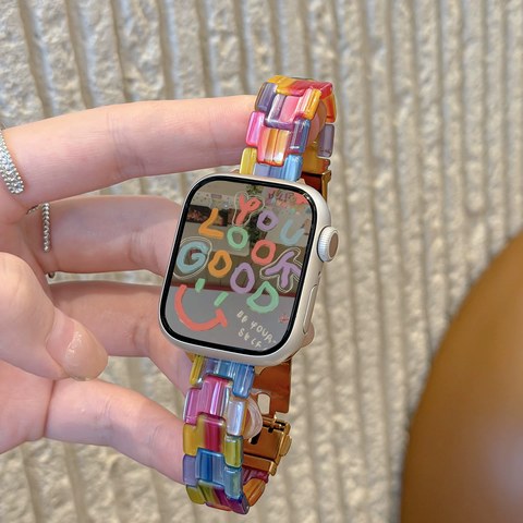 Apple Watch レインボー 樹脂バンド 三連リンク カラフルな手元