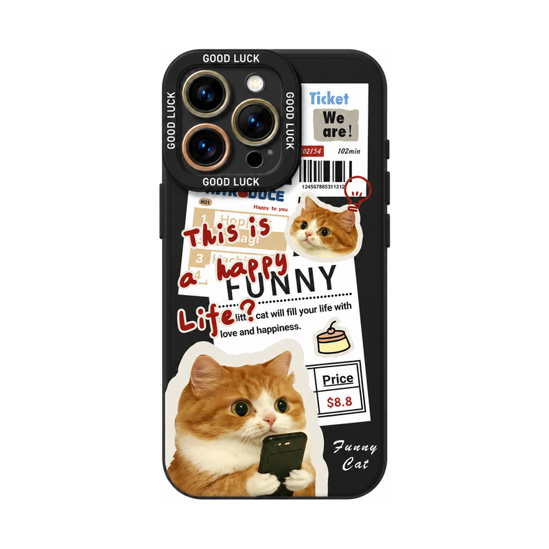 ブラック キャットAのニュースペーパーキャット柄 iPhoneケース、実物の柄と付属品の参考画像