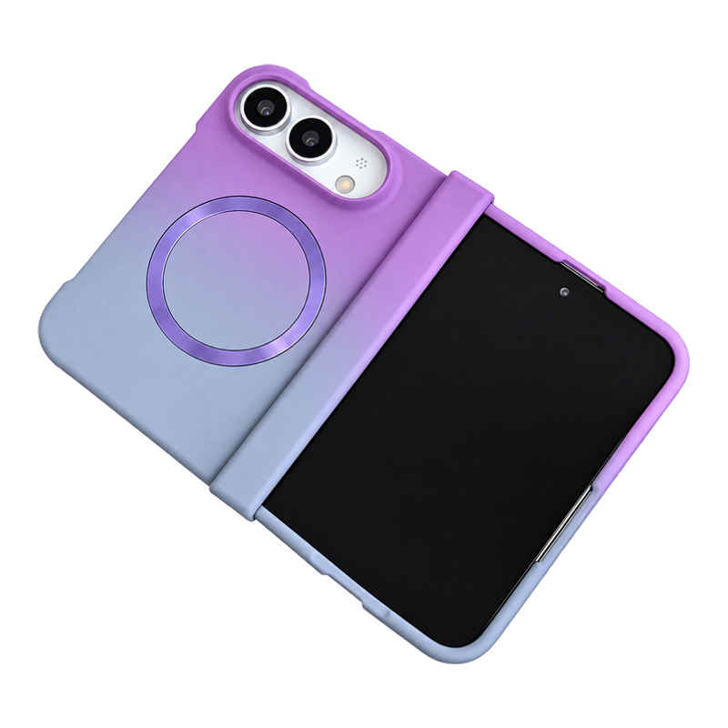ライトパープル×ライトグレーのグラデーション マグネット対応 折りたたみ iPhoneケース、実物の柄と付属品の参考画像