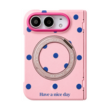 ピンク×ブルードット 360度リングスタンド付き折りたたみスマホケース 正面