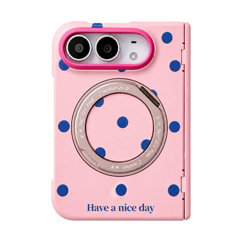 ピンク×ブルードット 360度リングスタンド付き折りたたみスマホケース 正面