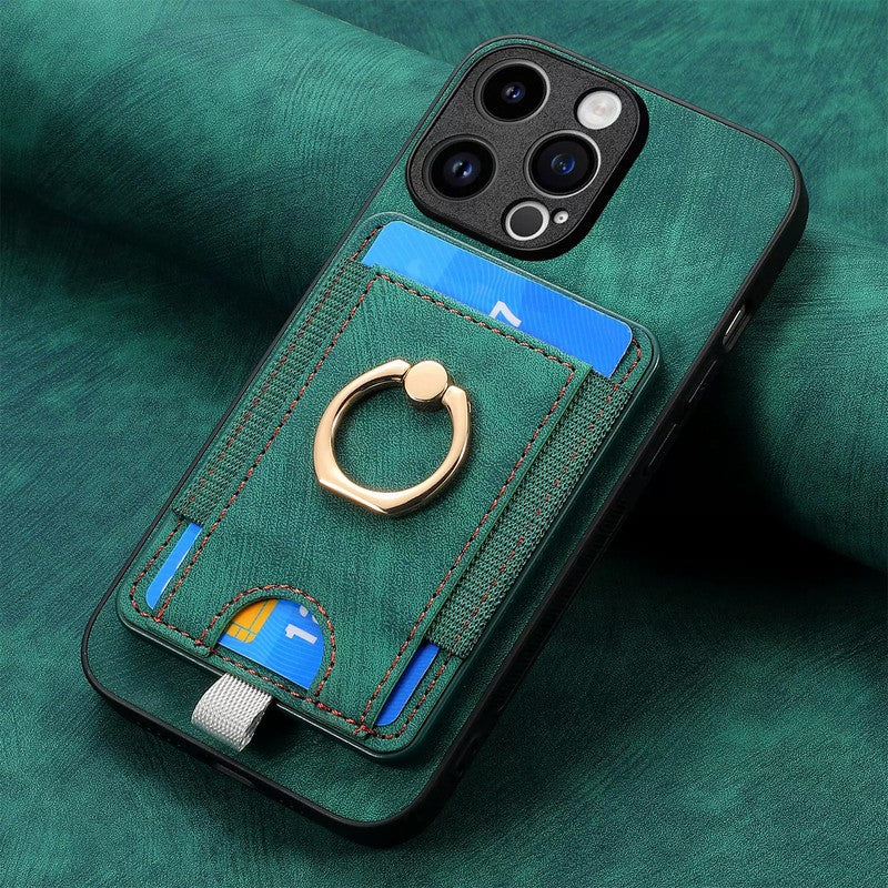 iPhone MagSafe ケース グリーン - 磁気カードホルダー一体型、引き出せるカードスロット + リングスタンド + 落下防止ストラップ