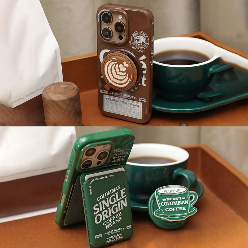 レトロ個性派コーヒーテーマブラウンマグネット式スマホケース
