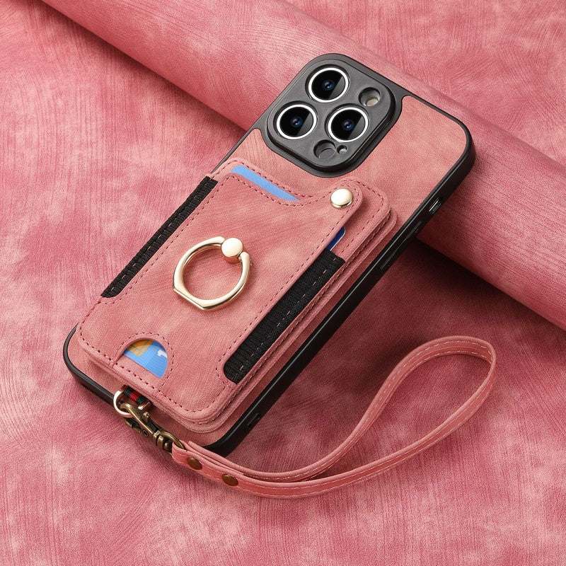 RFID カード収納 リングストラップケース ピンク iPhone