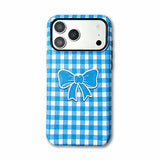 ブルー×ホワイトのギンガムチェック×リボン柄 マットiPhoneケース