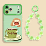 コーヒーガール柄 シリコンスマホケース。グリーン+ビーズストラップ(2点セット)の構成が見える背面の商品画像。ケースの色、カメラ周辺の形、付属品の有無を確認できる配置。