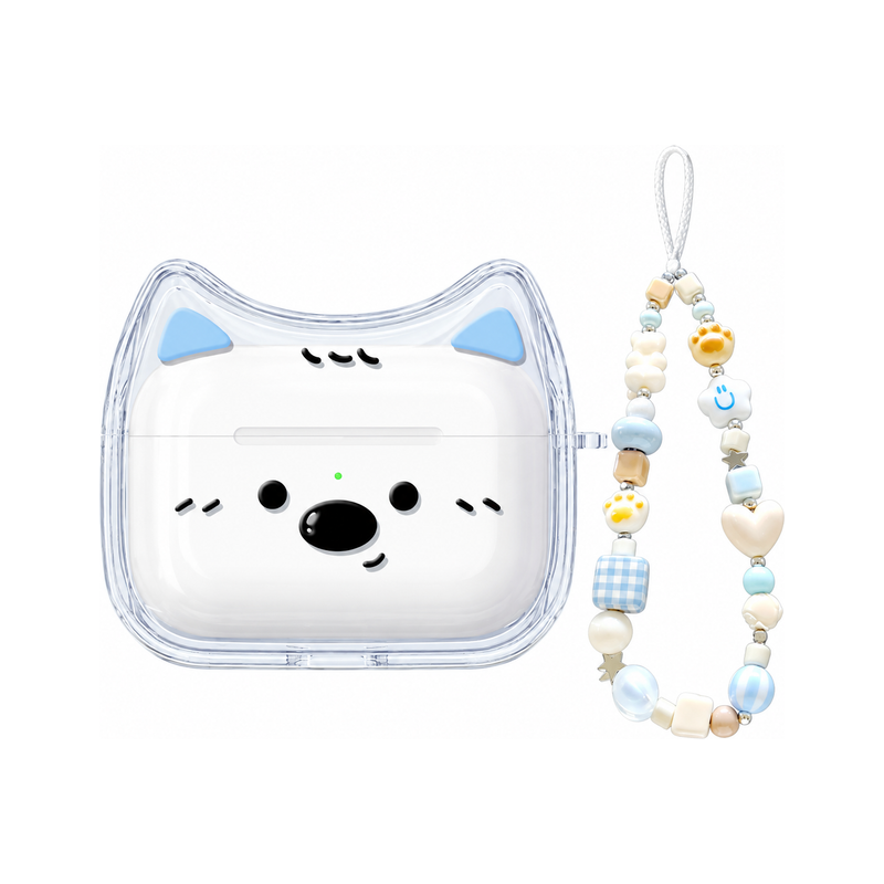 AirPods ケース+ビーズストラップ(2点セット)の犬耳&フェイス クリア AirPodsケース、実物の柄と付属品の参考画像