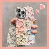 油絵フラワー柄iPhoneケース 単品 ラメ入りレンズフィルム付きの背面