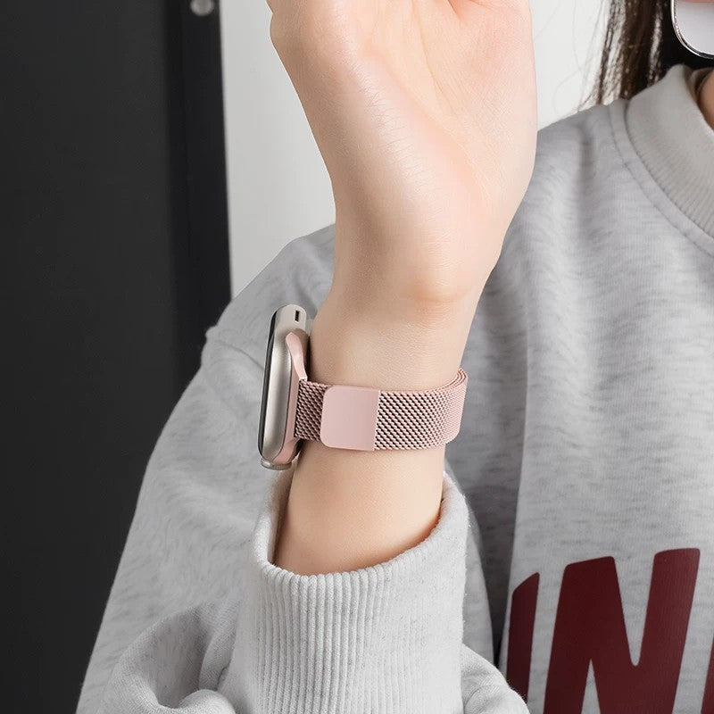細身ミラネーゼのメタルApple Watchバンド ピンク マグネット式