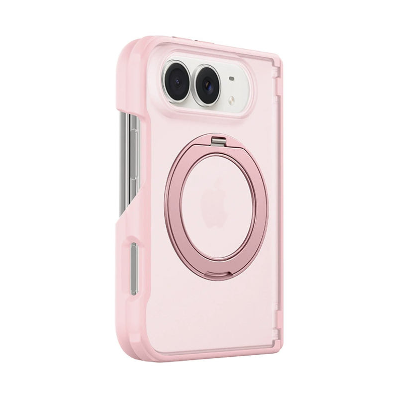 ピンクのリングスタンド マグネット対応 iPhoneケース、実物の柄と付属品の参考画像
