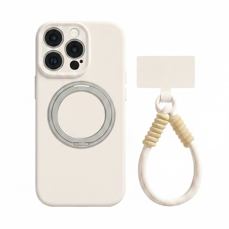 アイボリーの回転リングスタンド付きiPhoneケースとリストストラップ