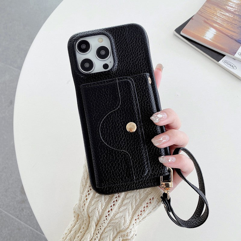 ブラックの多機能iPhoneケース ミラー・カード収納・スタンド付き