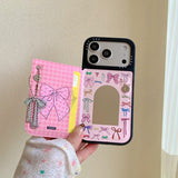 iPhone ケース 手帳型 ピンク リボン ミラー チャーム フェミニン かわいい