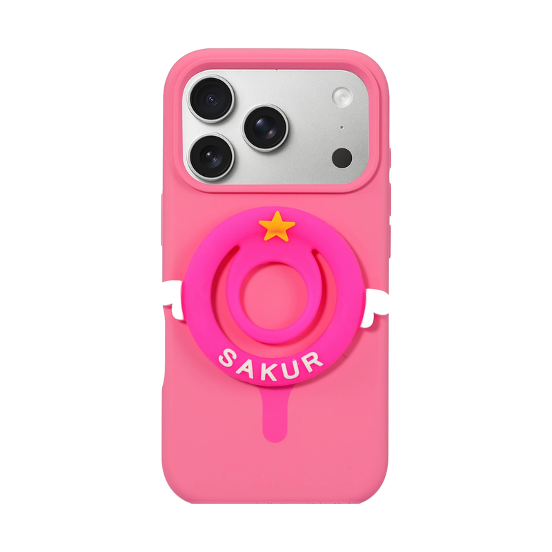 ローズピンク(リング付き)のマグネットリング付きiPhoneケース、実物カラーと背面構造の参考画像
