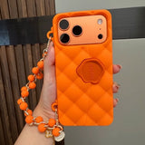 コーラルオレンジの シリコン iPhoneケース ビーズハンドル ツイード調 手提げ 高級感