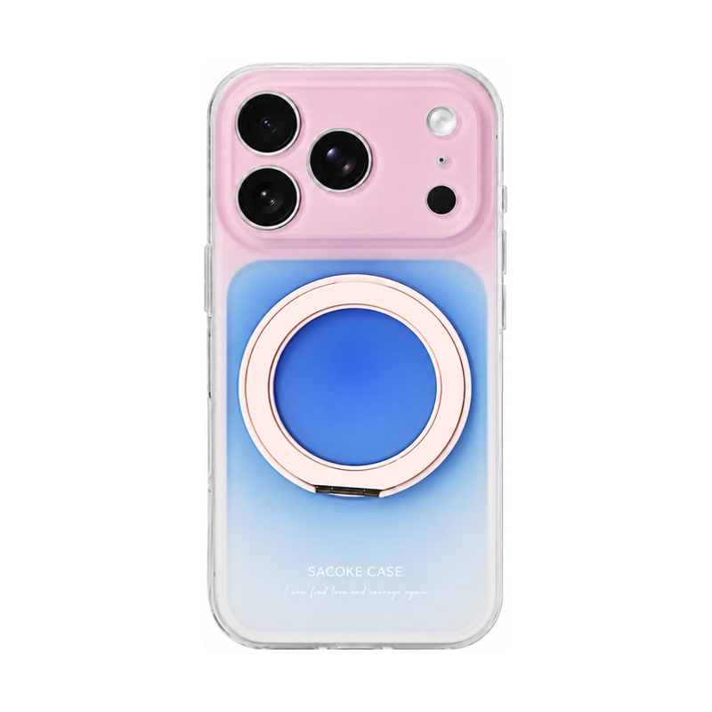 ブルー×ピンクのグラデーションと回転リングスタンド付きiPhoneケース、背面の配色参考