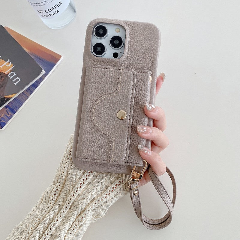 グレーの多機能iPhoneケース ミラー・カード収納・スタンド付き