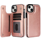 ローズゴールドのレザー調iPhoneケース 背面カード収納・スタンド機能付き