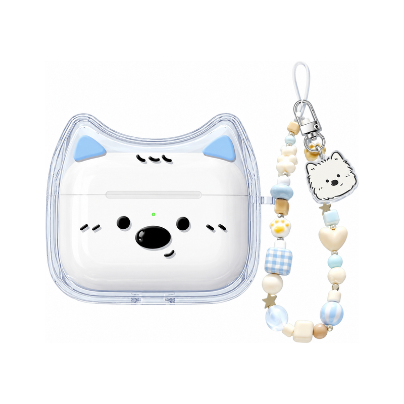 AirPods ケース+ビーズストラップ+顔チャーム(3点セット)の犬耳&フェイス クリア AirPodsケース、実物の柄と付属品の参考画像