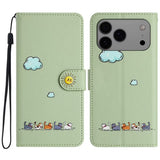 iPhone 手帳型ケース マッチャグリーン - かわいい猫 + 雲 + 太陽、PUレザー カードスロット ストラップ付き