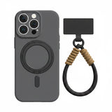 グレーの回転リングスタンド付きiPhoneケースとリストストラップ