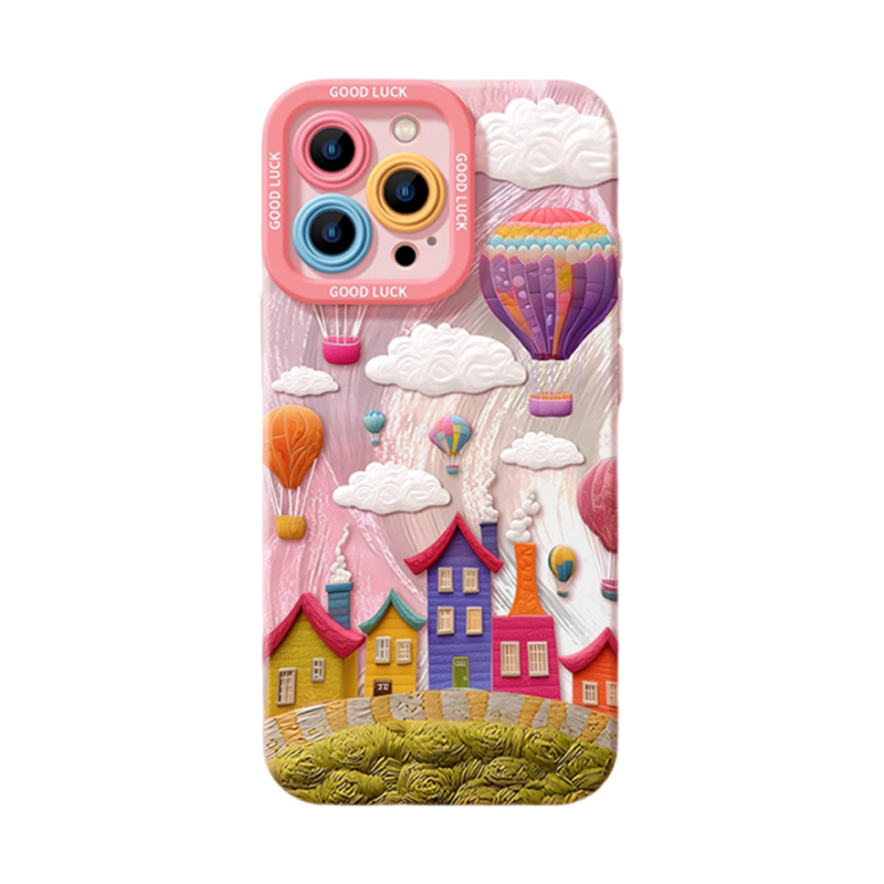 ピンク・芝生バルーンタウン(ケース単品)の立体バルーンタウンiPhoneケース 白背景商品画像