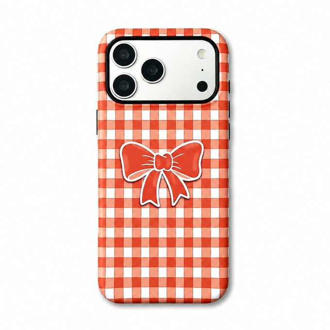 オレンジ×ホワイトのギンガムチェック×リボン柄 マットiPhoneケース