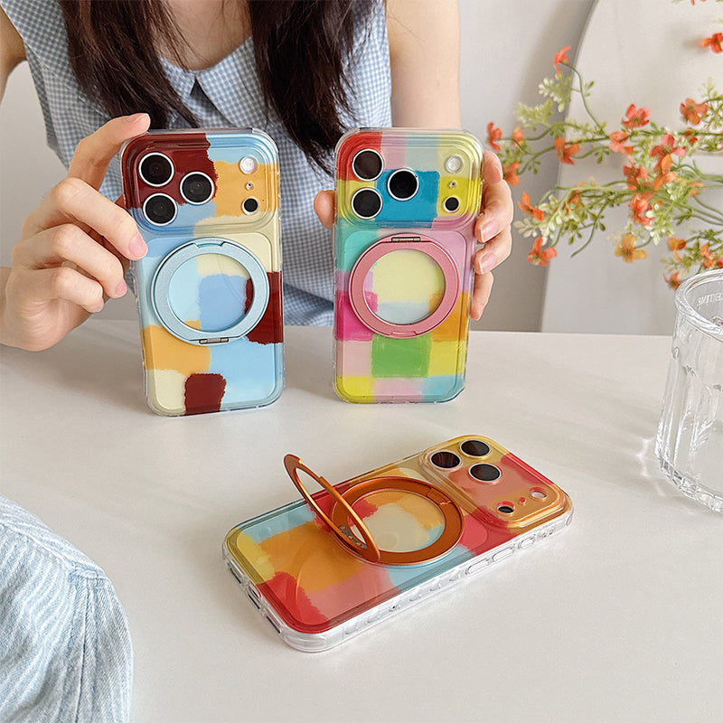 水彩チェック柄 iPhoneケース スタンド使用イメージ
