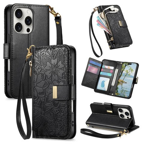 ブラックの手帳型 ボタニカル花柄 iPhoneケース PUレザー ショートストラップ付 エンボス