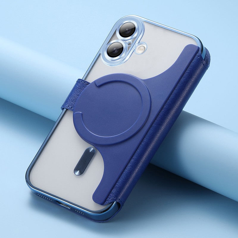 ブルーのMagSafe手帳型iPhoneケース クリア背面・カード収納・スタンド付き