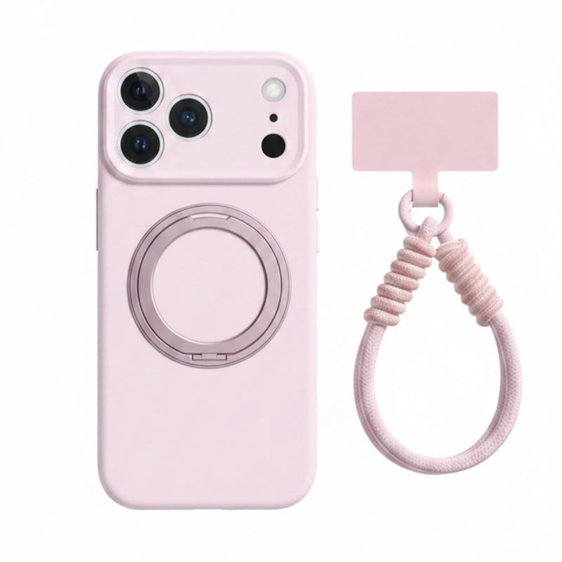 ピンクの回転リングスタンド付きiPhoneケースとリストストラップ