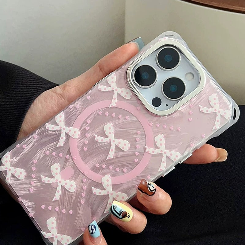 iPhone ケース ピンクリボン × パール柄 単品 磁気吸着リング 着脱式リフトアップスタンド フラットレイ ハート