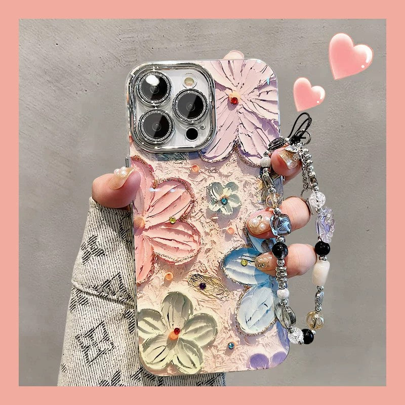 油絵フラワー柄iPhoneケースとストラップの2点セット 花柄の背面
